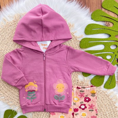 Conj. Jaqueta com Capuz Duas Florzinhas e Calça Legging - Uva e Pêssego 